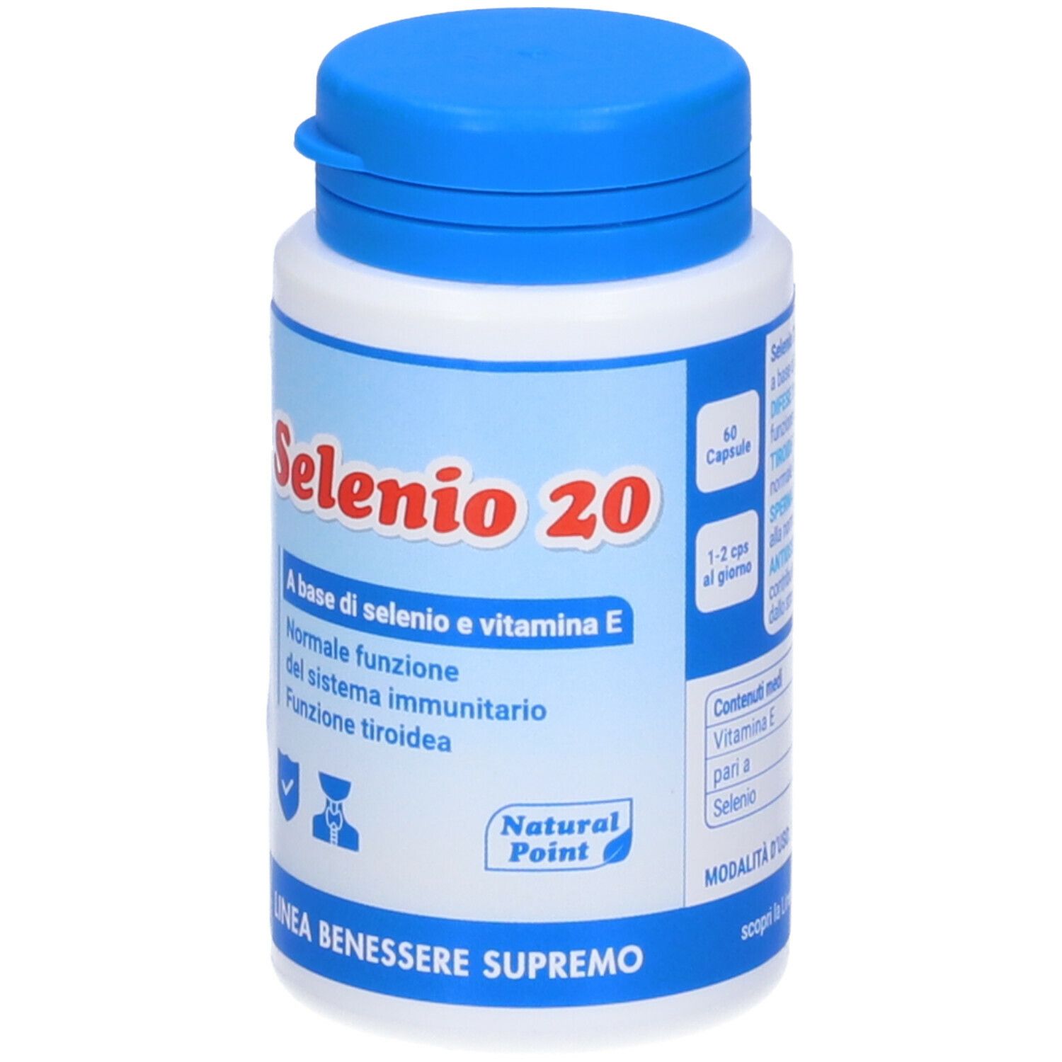 Flacone bianco, tappo blu. Scritta Selenio 20. Contiene selenio e vitamina E. 60 capsule. Logo Natural Point.