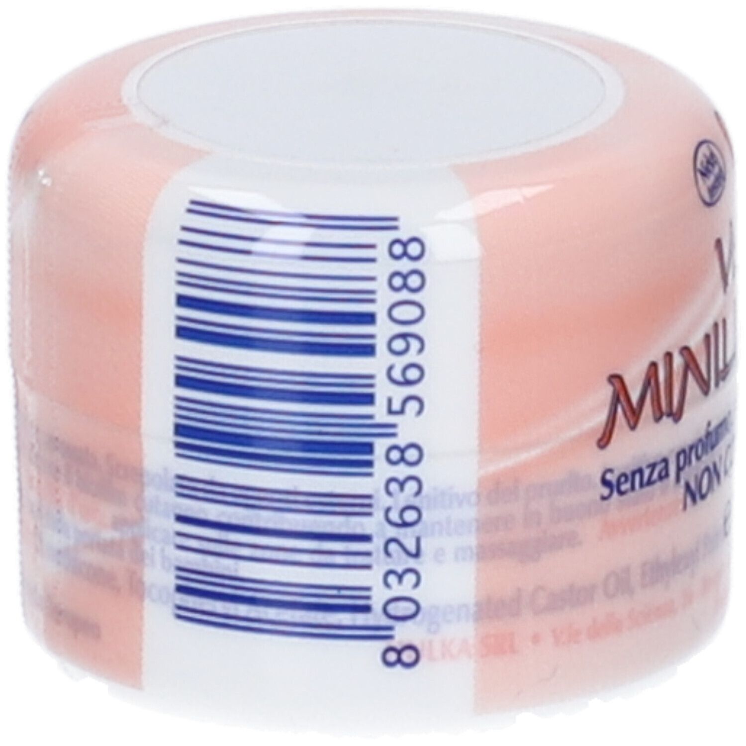 Rosa Tiegel mit Barcode und italienischer Beschriftung.