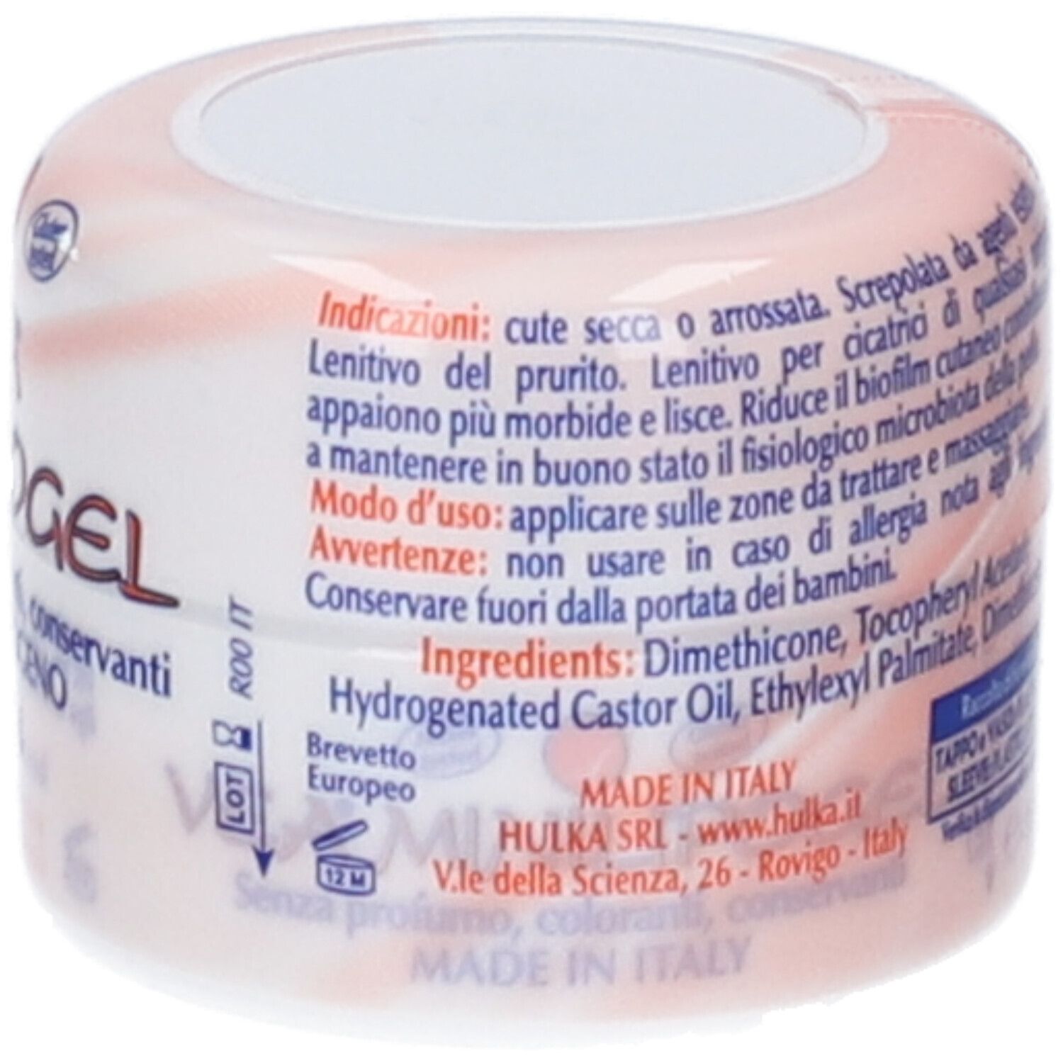 Ein runder Behälter mit Etikett, das Inhaltsstoffe und Anwendungshinweise auflistet. "Made in Italy" ist sichtbar.