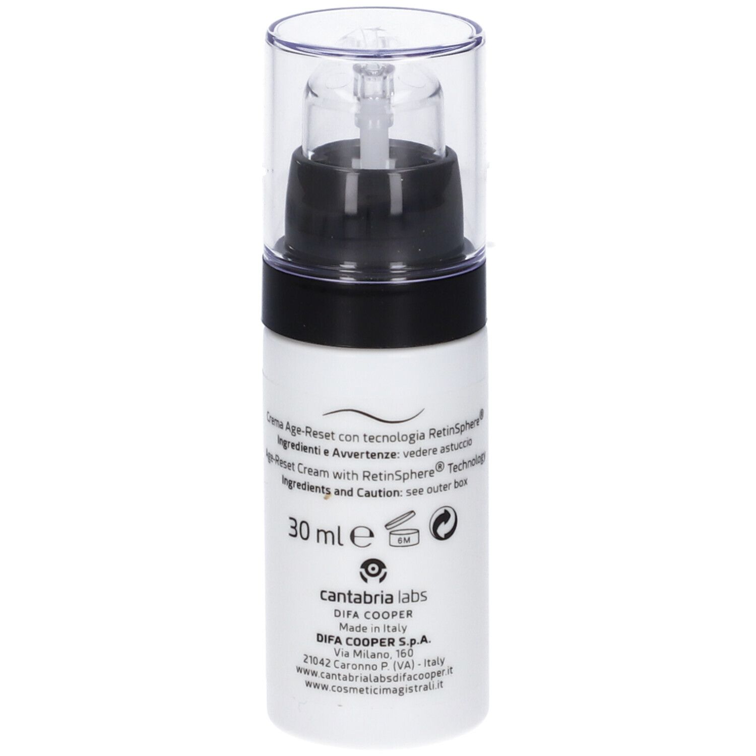Weiße Flasche mit schwarzem Deckel und transparentem Verschluss. Aufschrift: 30 ml e. Text auf Italienisch.