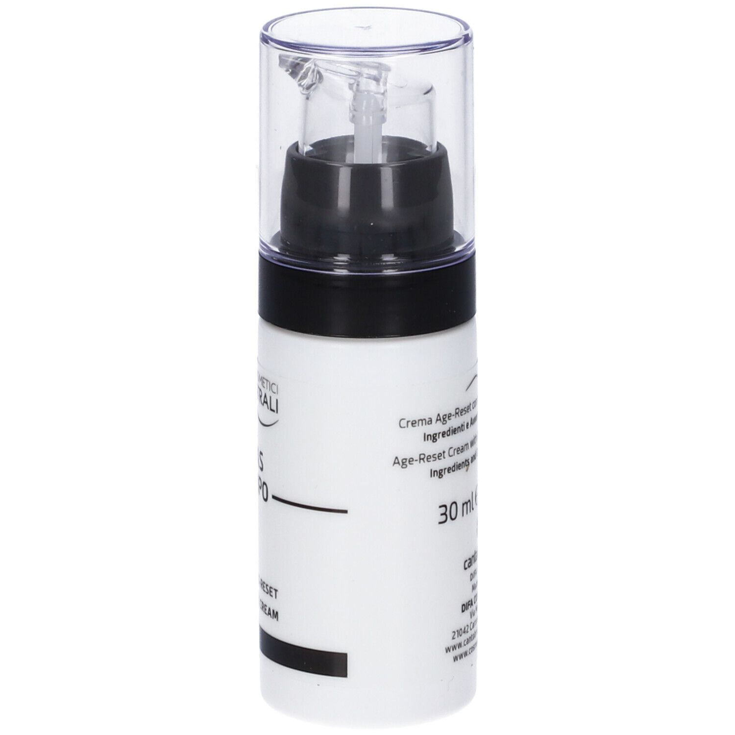 Weiße Flasche mit schwarzem Deckel und transparentem Verschluss. Aufschrift: 30 ml e. Text auf Italienisch.