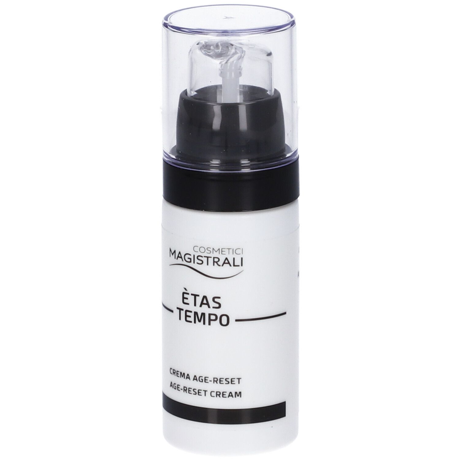 Weiße Flasche mit schwarzem Deckel und transparentem Verschluss. Aufschrift: Cosmetici Magistrali, Ètas Tempo, Crema Age-Reset.