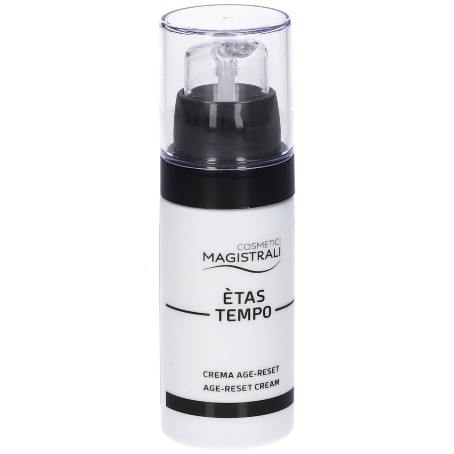 Weiße Flasche mit schwarzem Deckel und transparentem Verschluss. Aufschrift: Cosmetici Magistrali, Ètas Tempo, Crema Age-Reset.
