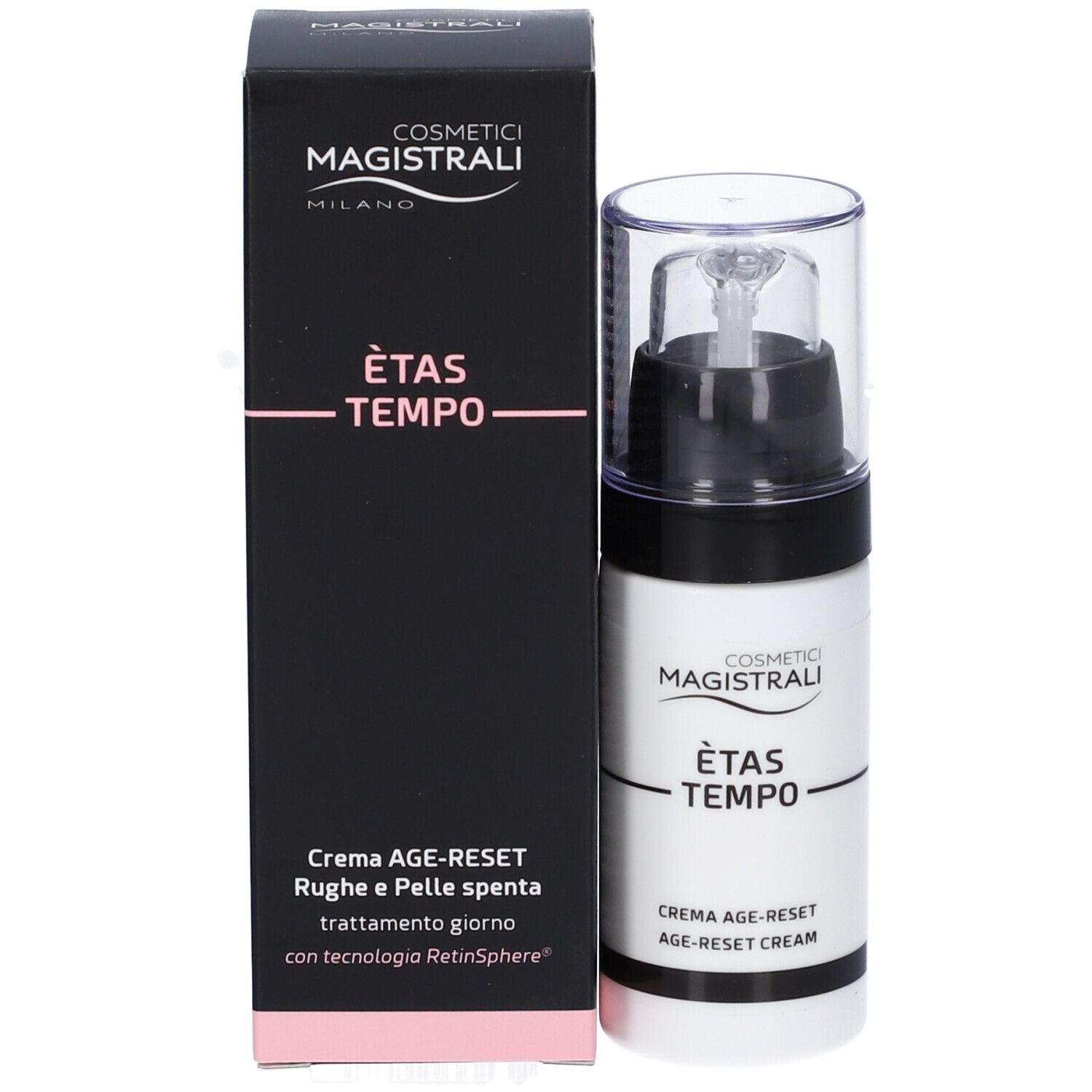 Produktflasche und schwarze Verpackung. Aufschrift: Cosmetici Magistrali, Ètas Tempo, Crema Age-Reset. Text auf Italienisch.