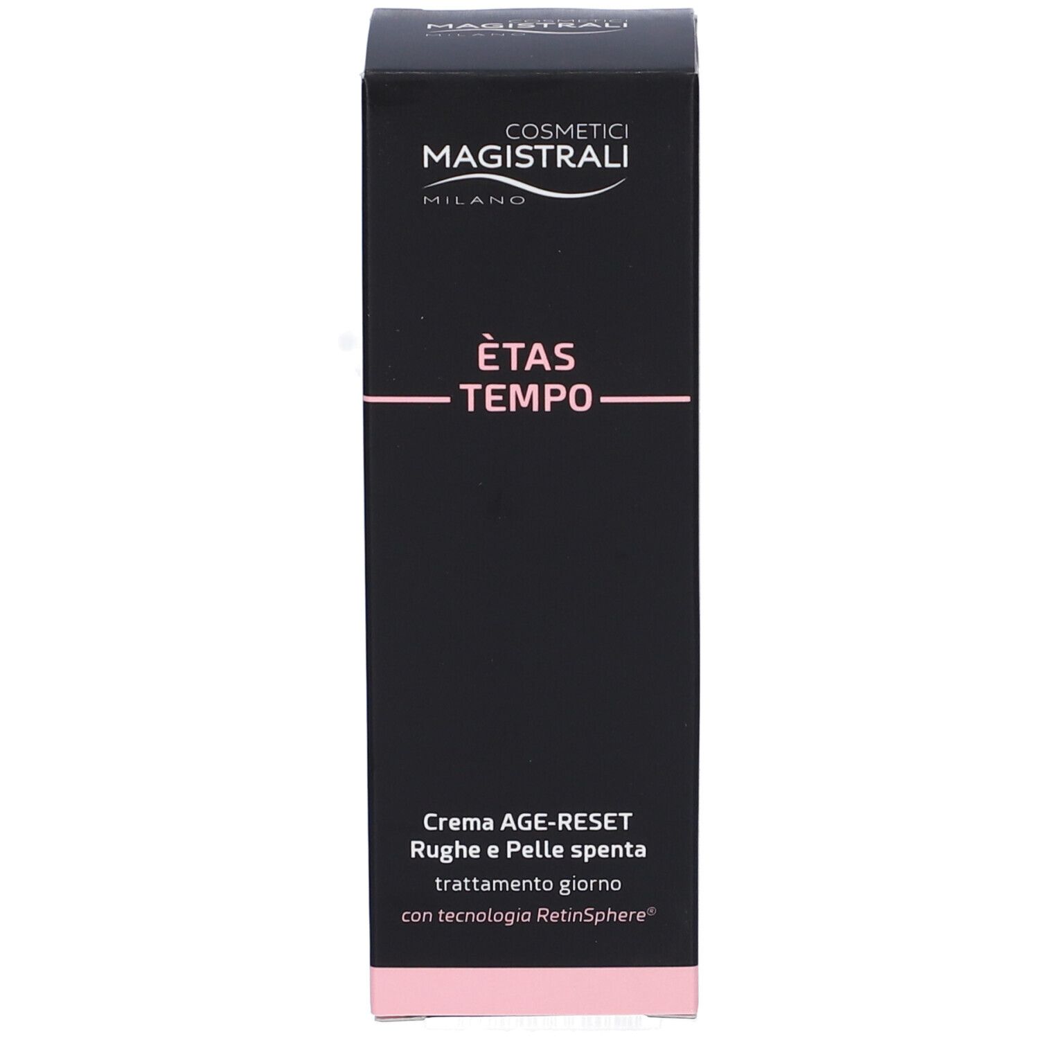 Schwarze Verpackung. Aufschrift: Cosmetici Magistrali, Ètas Tempo, Crema Age-Reset. Text auf Italienisch.