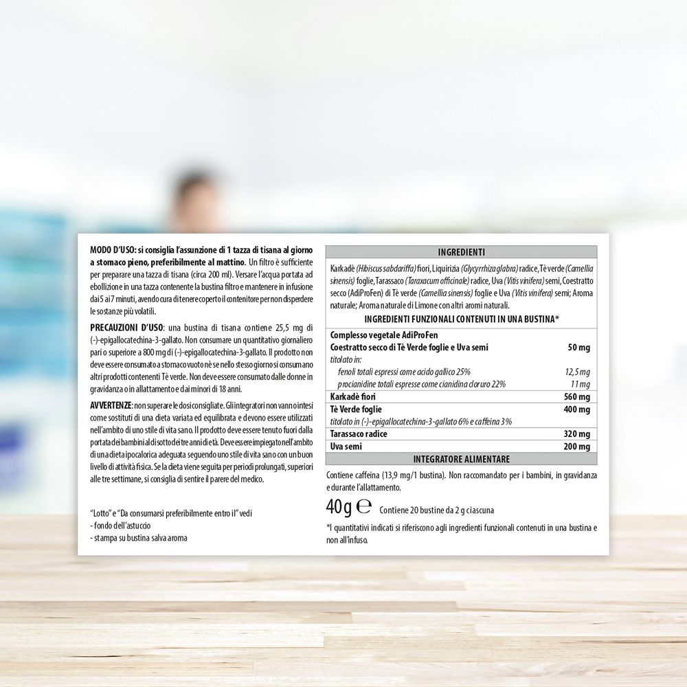 Rückseite der Adiprox-Verpackung. Enthält Informationen zu Inhaltsstoffen und Anwendung. 40g. Aboca-Logo.