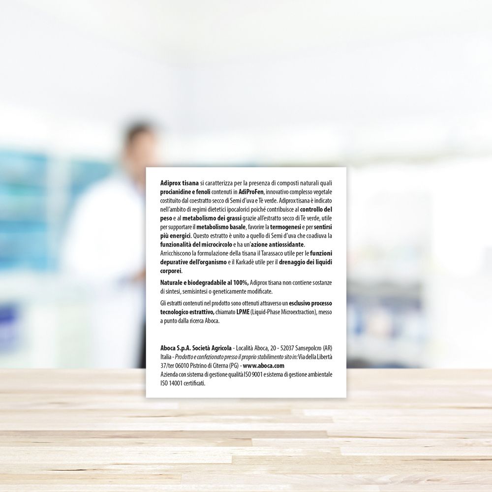Rückseite der Adiprox-Verpackung. Enthält Informationen zu Inhaltsstoffen und Anwendung. Aboca-Logo.