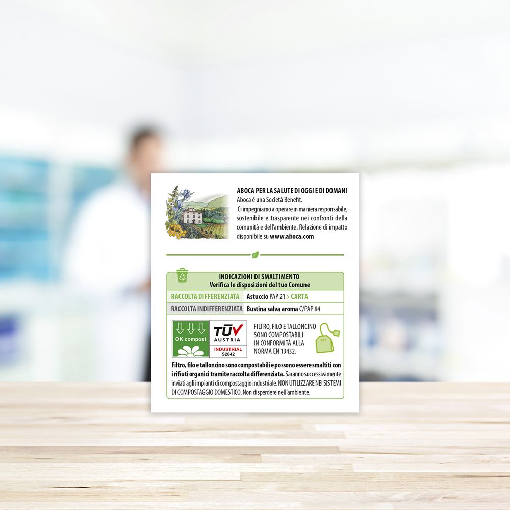 Adiprox-Verpackung. Weiße Schachtel mit roter und grüner Grafik. Enthält 20 Teebeutel. Aboca-Logo.