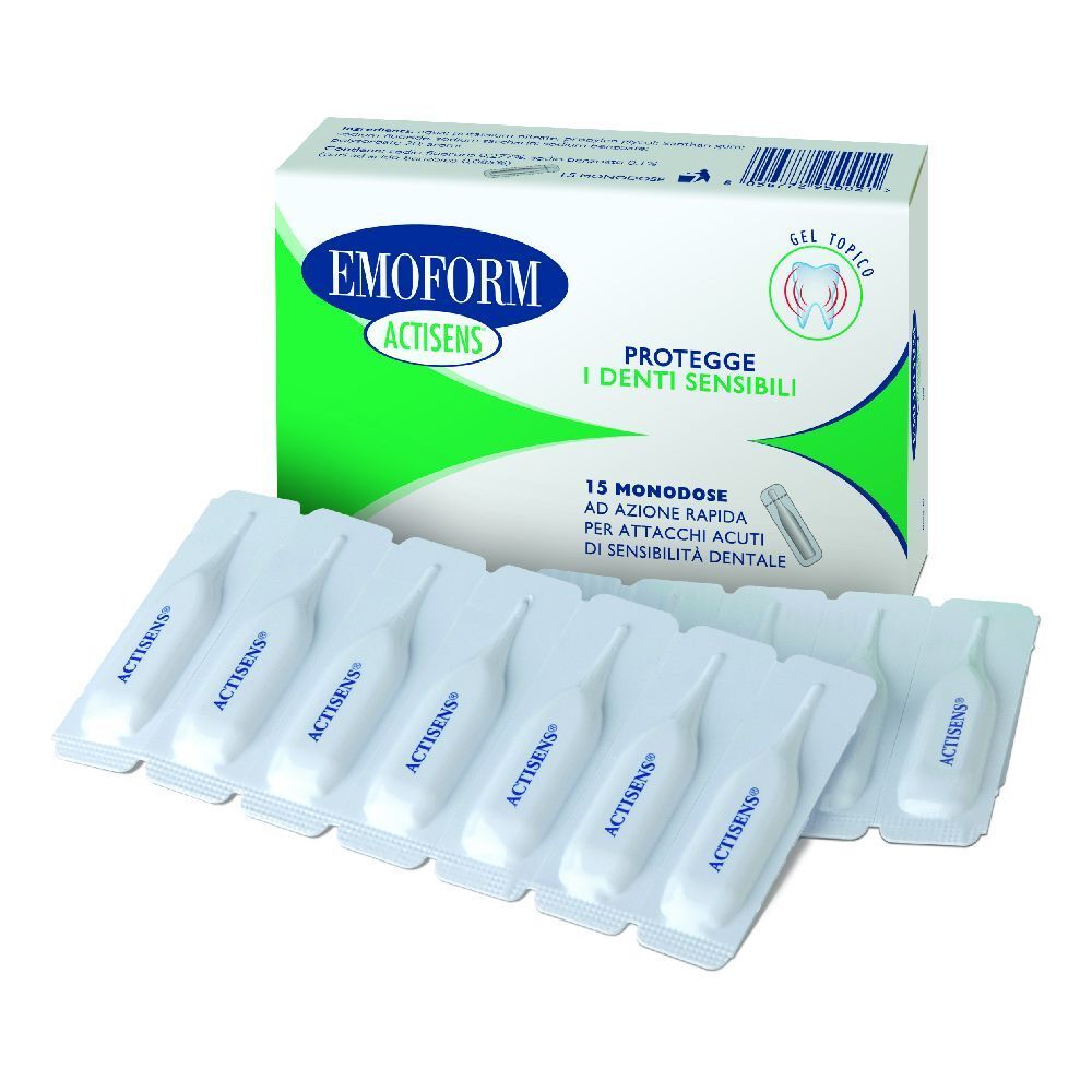 Confezione di EMOFORM Actisens Gel e 15 monodose. Blister bianco con applicatori di gel.