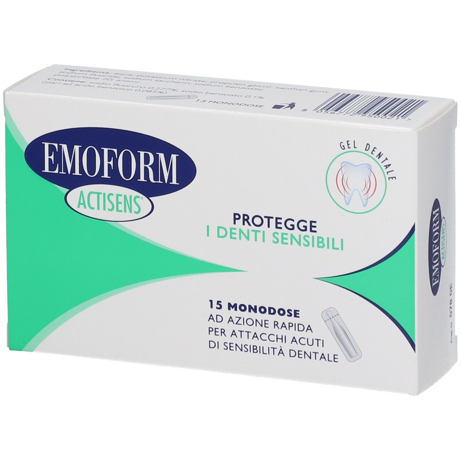 Scatola bianca EMOFORM Actisens. Testo: Protegge i denti sensibili. 15 monodose. Gel dentale.
