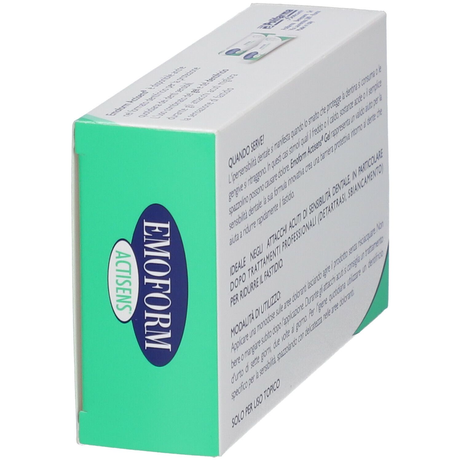 Scatola EMOFORM Actisens. Confezione verde e bianca. Testo: Protegge i denti sensibili. 15 monodose.