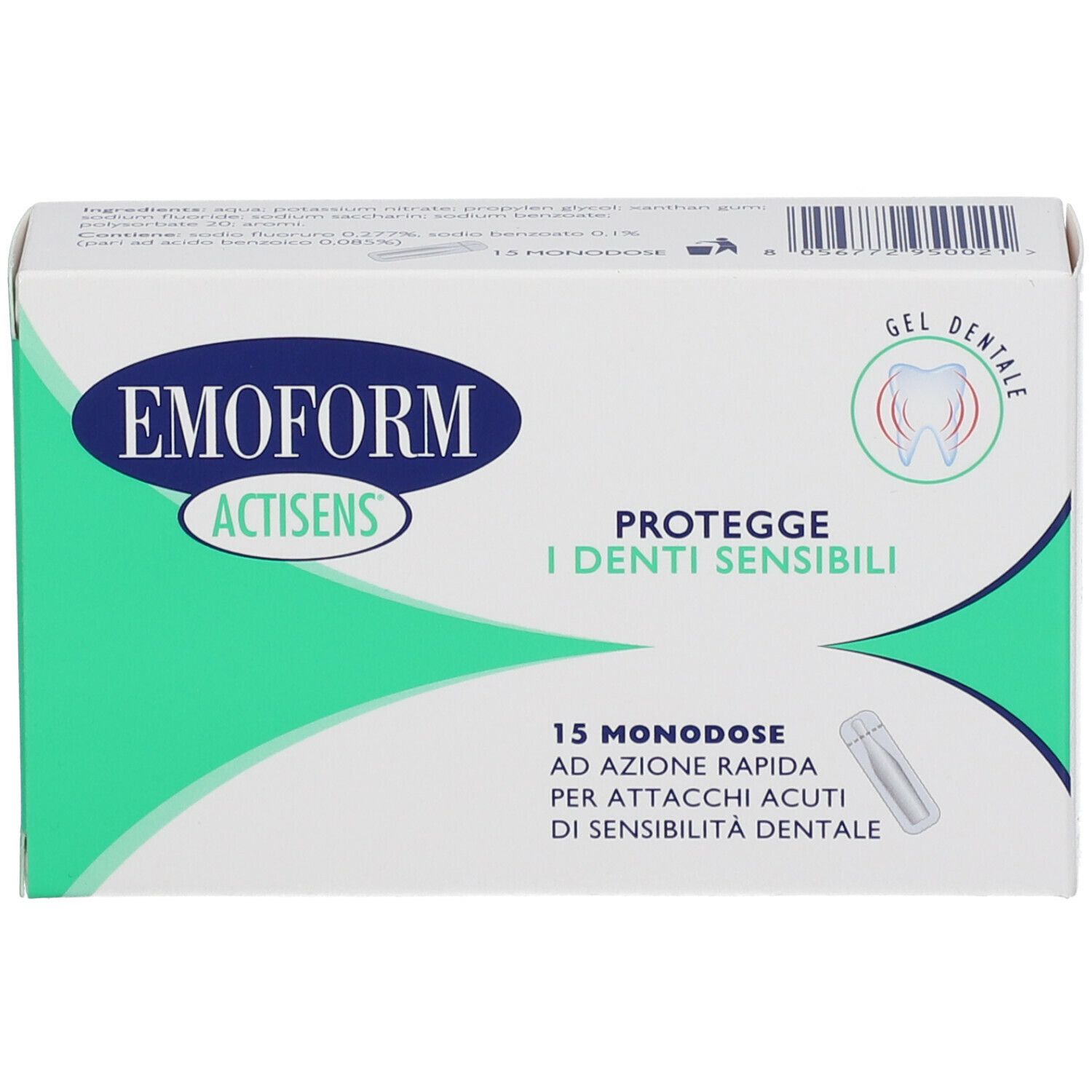 Scatola bianca EMOFORM Actisens. Testo: Protegge i denti sensibili. 15 monodose. Gel dentale.