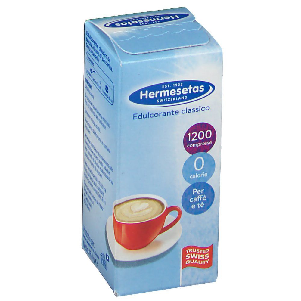 Scatola azzurra Hermesetas. Contiene 1200 compresse, 0 calorie. Per caffè e tè. Trusted Swiss Quality.