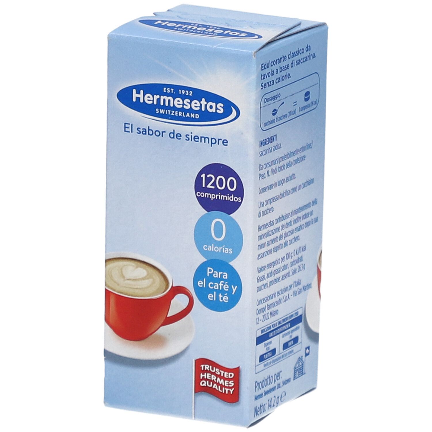 Scatola azzurra Hermesetas. Contiene 1200 compresse, 0 calorie. Per caffè e tè. Scritta: El sabor de siempre.