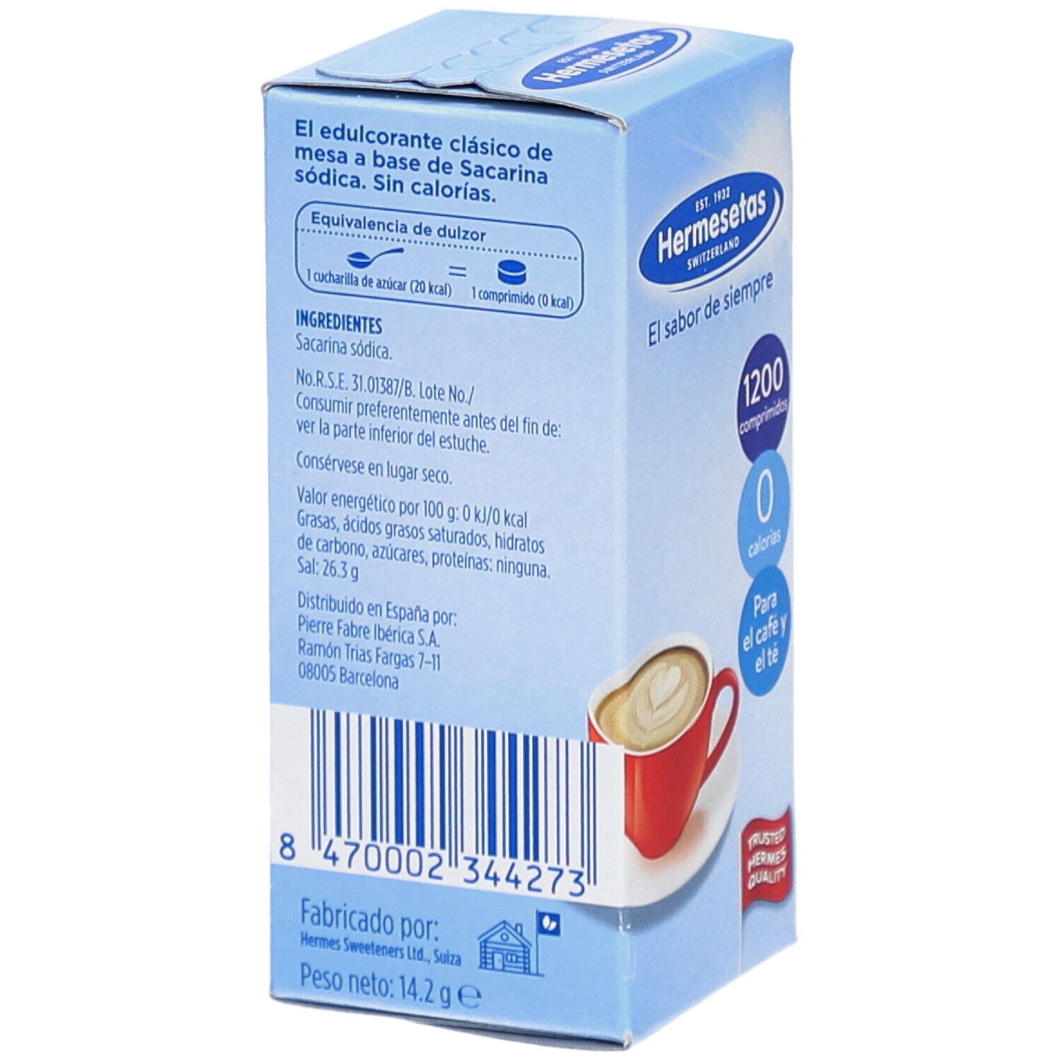 Retro della scatola azzurra Hermesetas. Contiene informazioni sugli ingredienti, il valore nutrizionale e il produttore.
