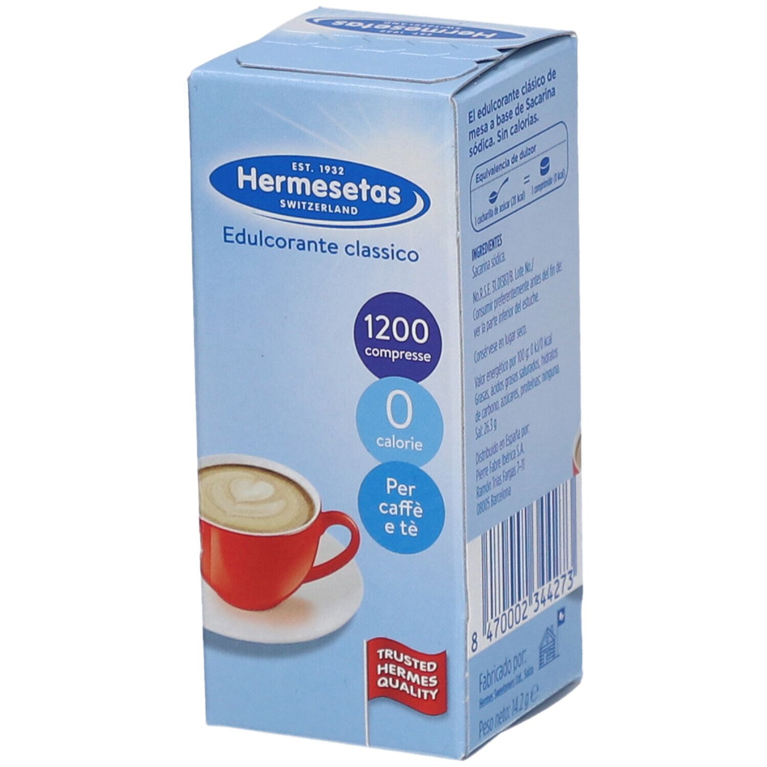 Scatola azzurra Hermesetas. Contiene 1200 compresse, 0 calorie. Per caffè e tè. Trusted Swiss Quality.