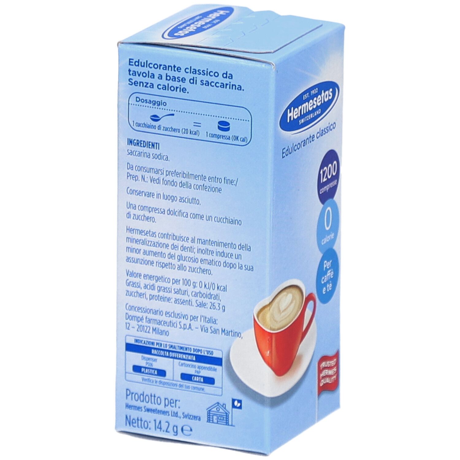 Retro della scatola azzurra Hermesetas. Contiene informazioni sugli ingredienti, il valore nutrizionale e il produttore.