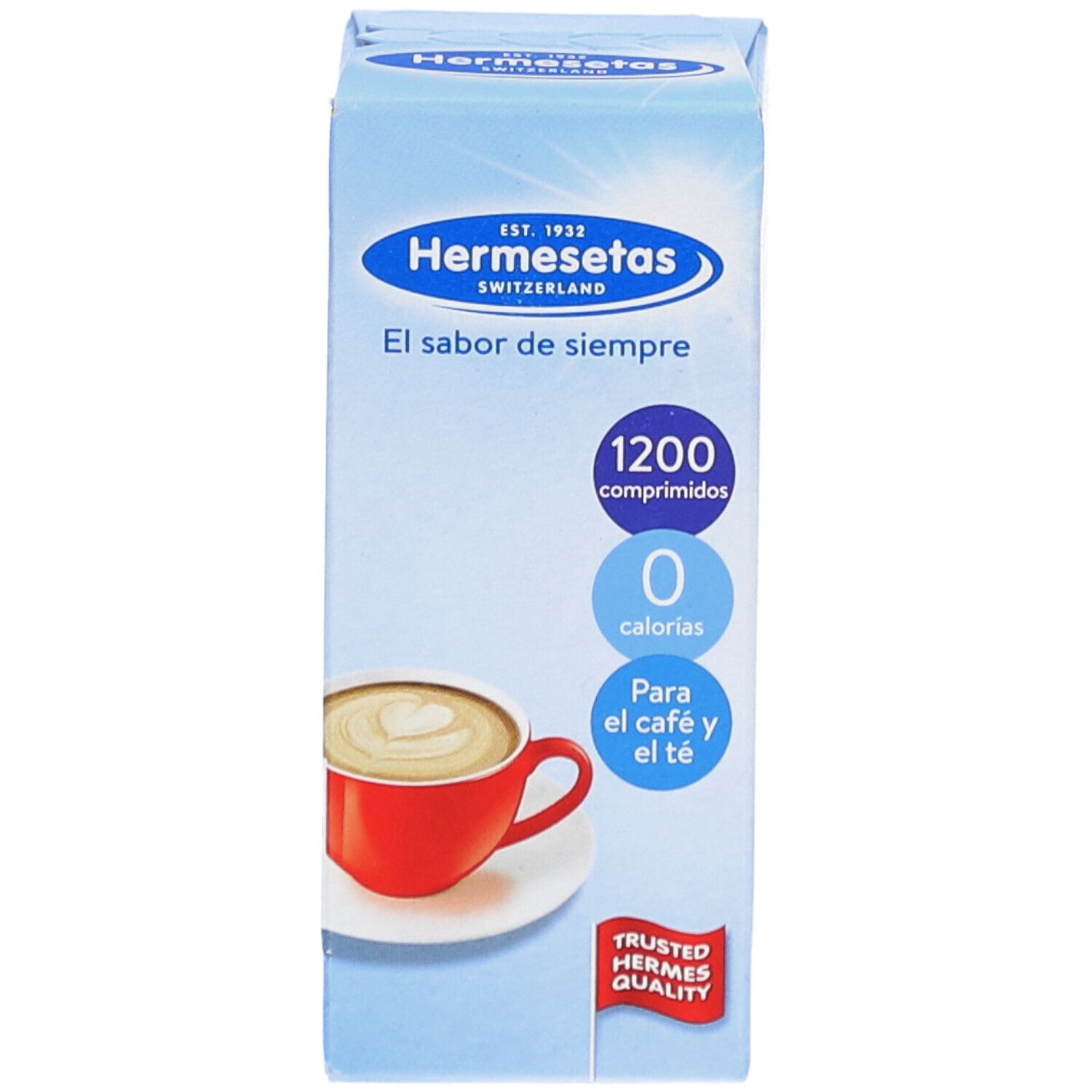 Scatola azzurra Hermesetas. Contiene 1200 compresse, 0 calorie. Per caffè e tè. Scritta: El sabor de siempre.