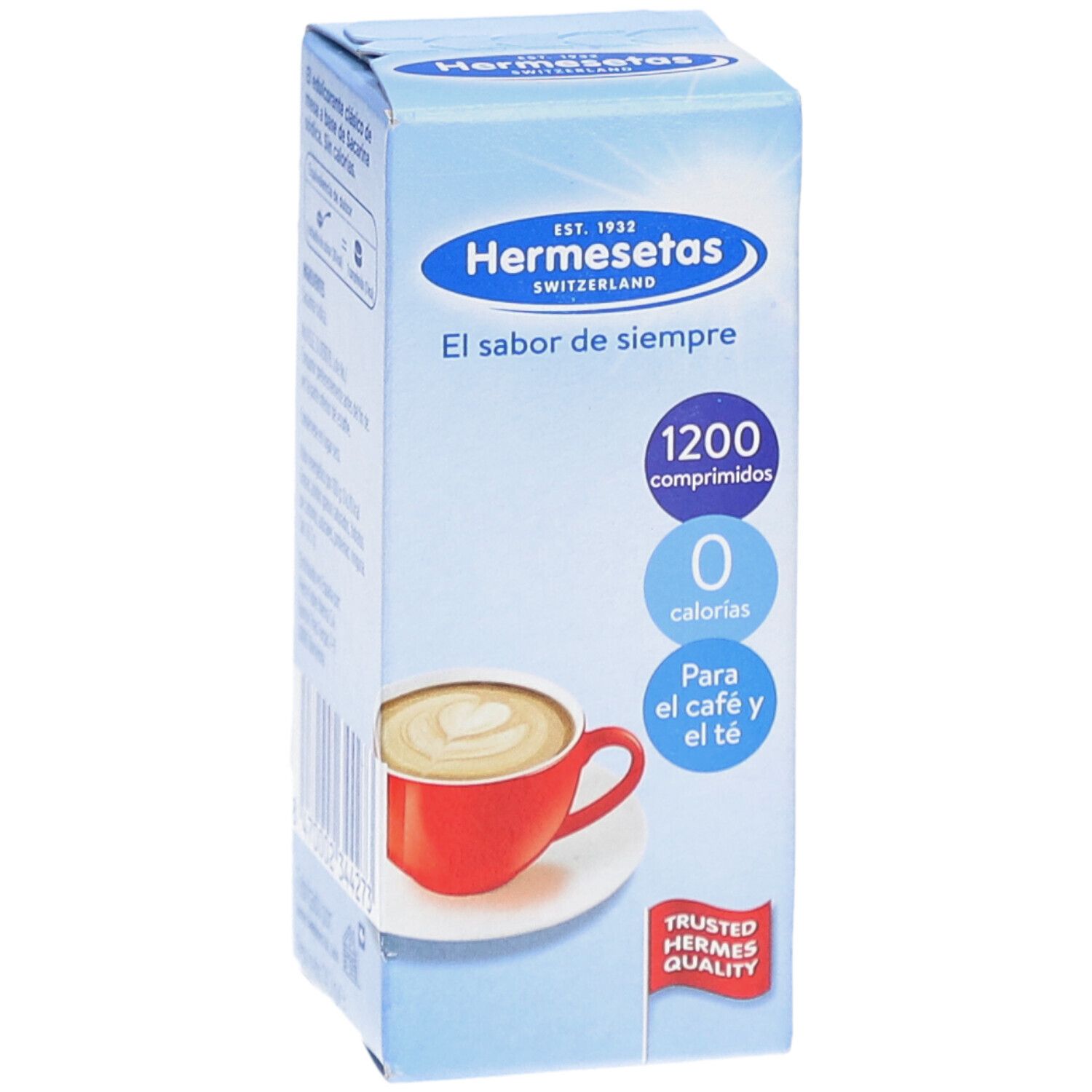 Scatola azzurra Hermesetas. Contiene 1200 compresse, 0 calorie. Per caffè e tè. Trusted Swiss Quality.