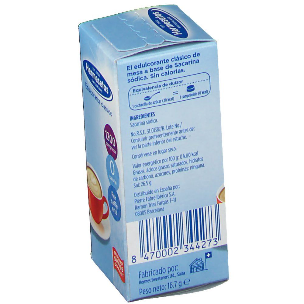 Retro della scatola azzurra Hermesetas. Contiene informazioni sugli ingredienti, il valore nutrizionale e il produttore.
