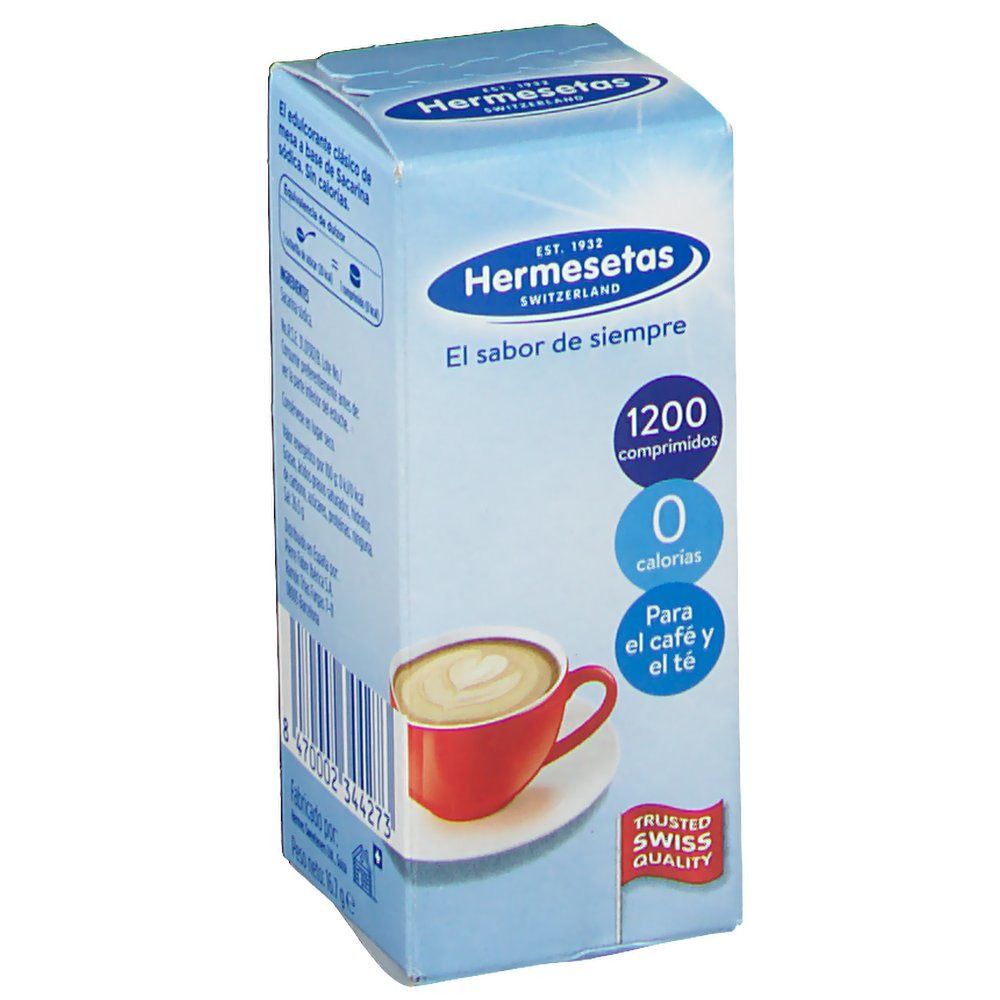 Scatola azzurra Hermesetas. Contiene 1200 compresse, 0 calorie. Per caffè e tè. Scritta: El sabor de siempre.