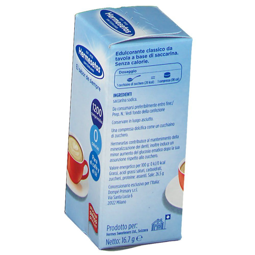 Retro della scatola azzurra Hermesetas. Contiene informazioni sugli ingredienti, il valore nutrizionale e il produttore.