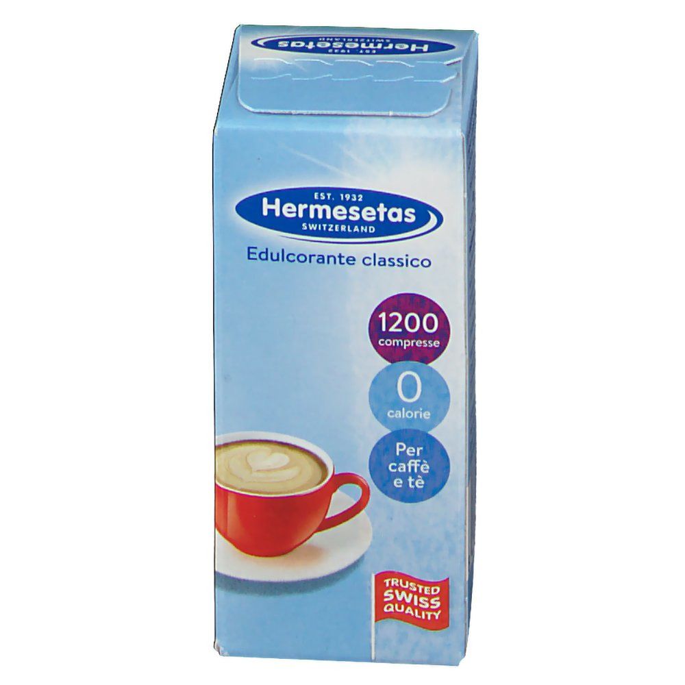 Scatola azzurra Hermesetas. Contiene 1200 compresse, 0 calorie. Per caffè e tè. Trusted Swiss Quality.