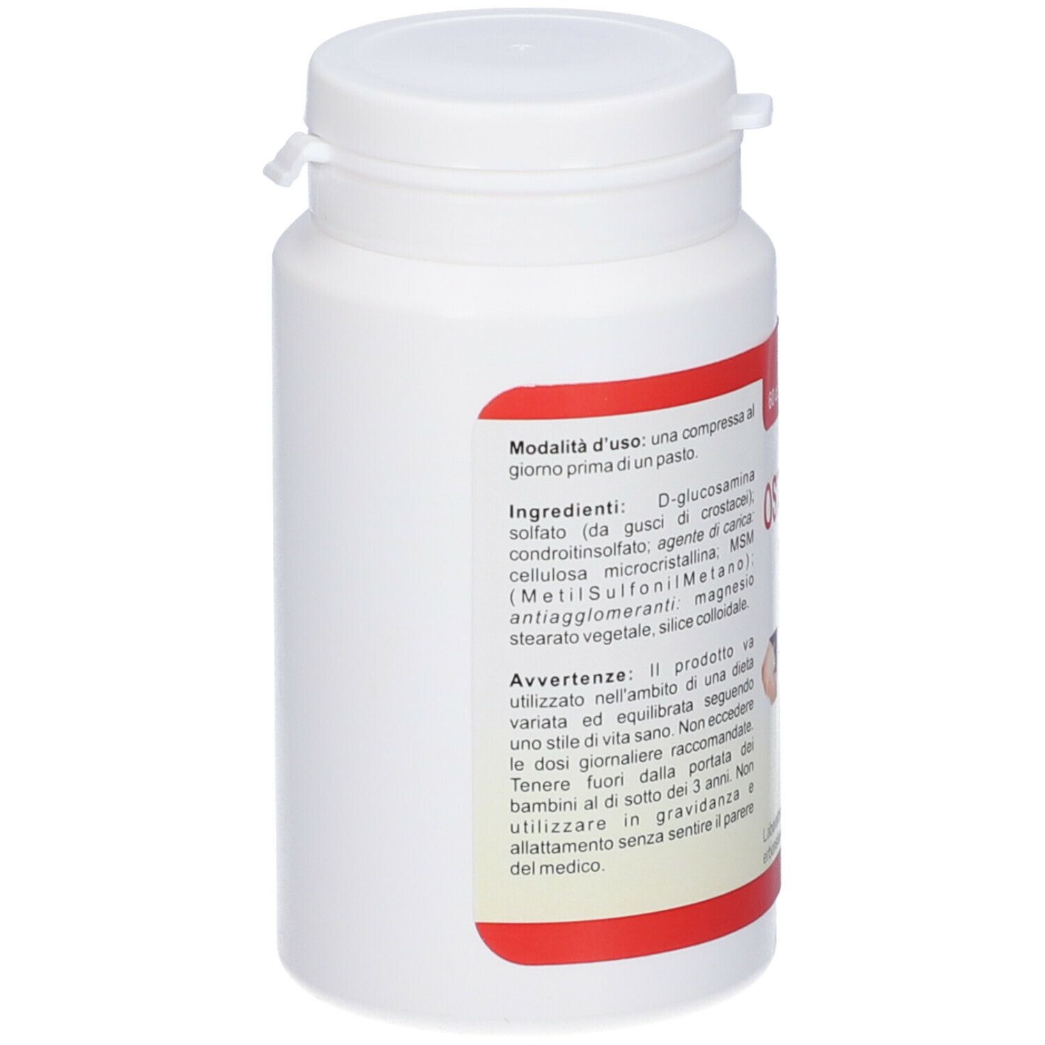 Flacone di compresse bianco con etichetta rossa. Scritto: ingredienti, istruzioni per l'uso. Coperchio bianco.