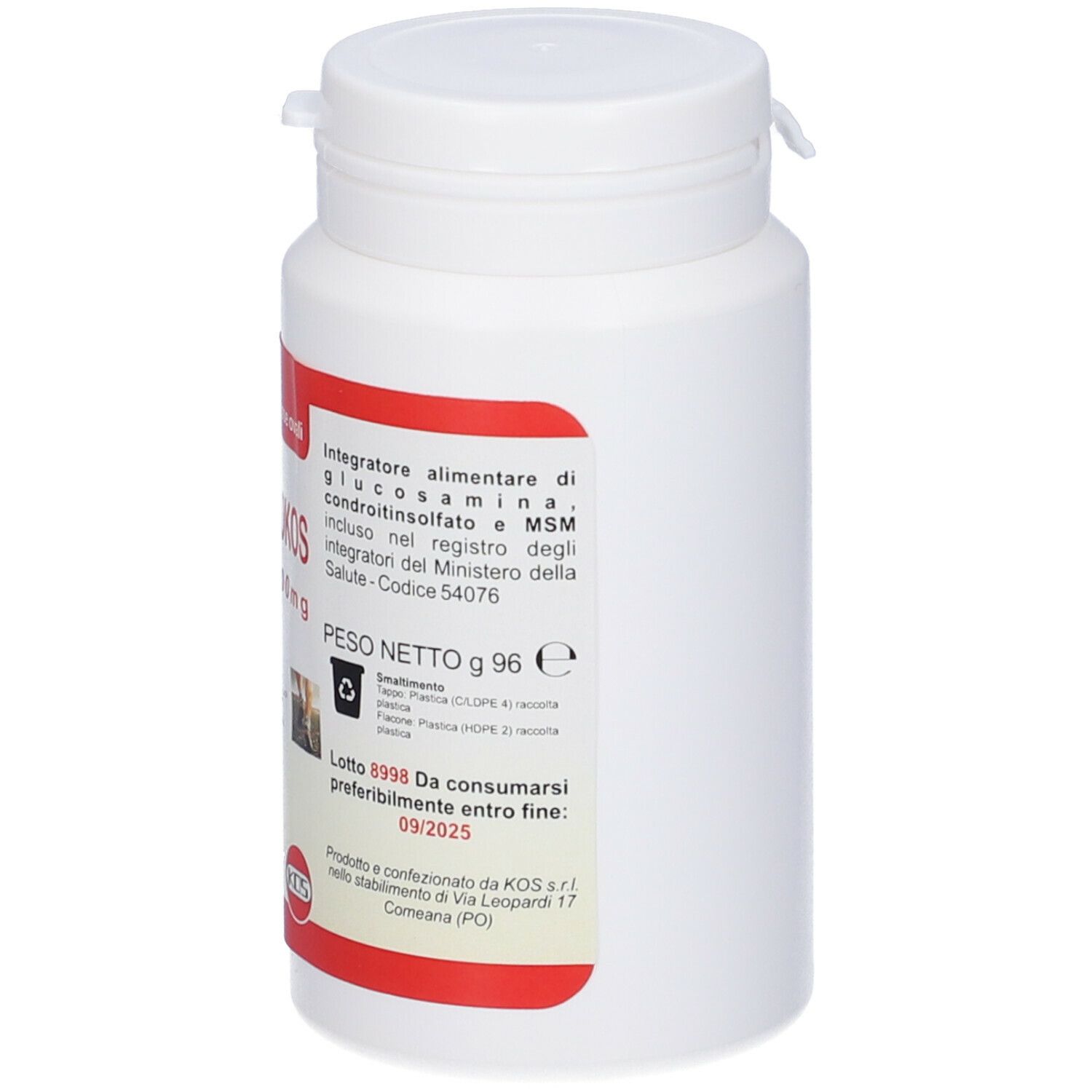 Flacone di compresse bianco con etichetta rossa. Scritto: Osteokos, 1100mg, peso netto 96g. Coperchio bianco.