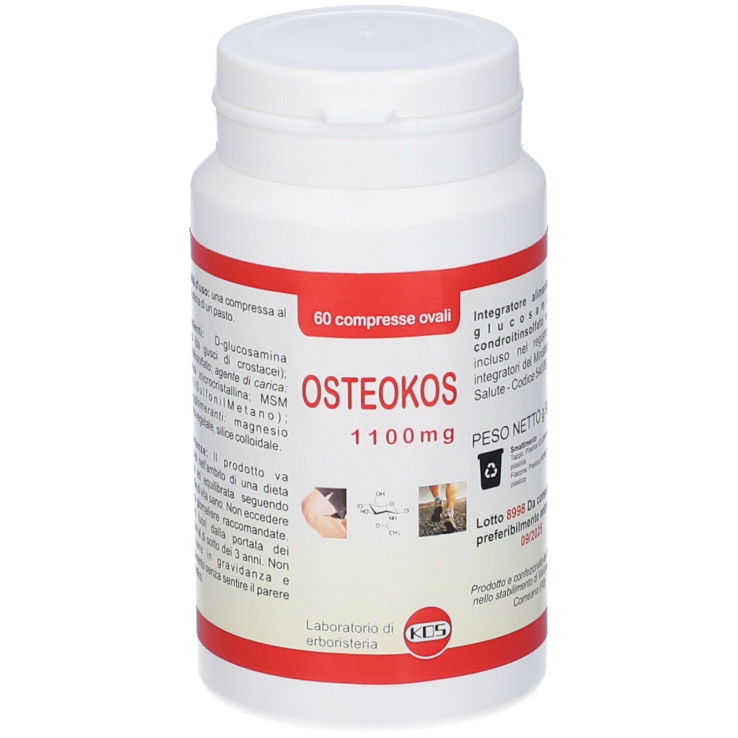 Flacone di compresse bianco con etichetta rossa. Scritto: Osteokos 1100mg, 60 compresse ovali. Coperchio bianco.