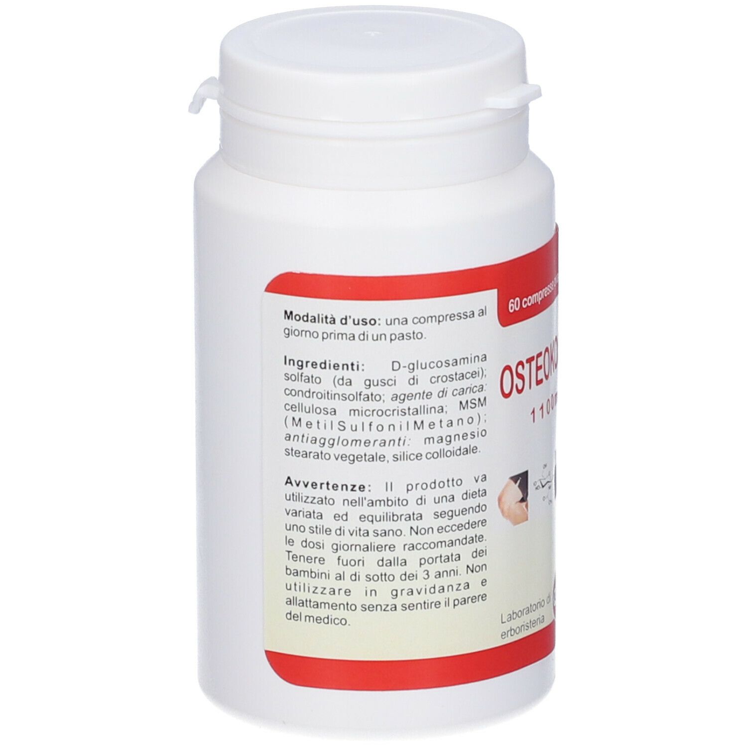Flacone di compresse bianco con etichetta rossa. Scritto: Osteokos 1100mg, 60 compresse ovali. Coperchio bianco.