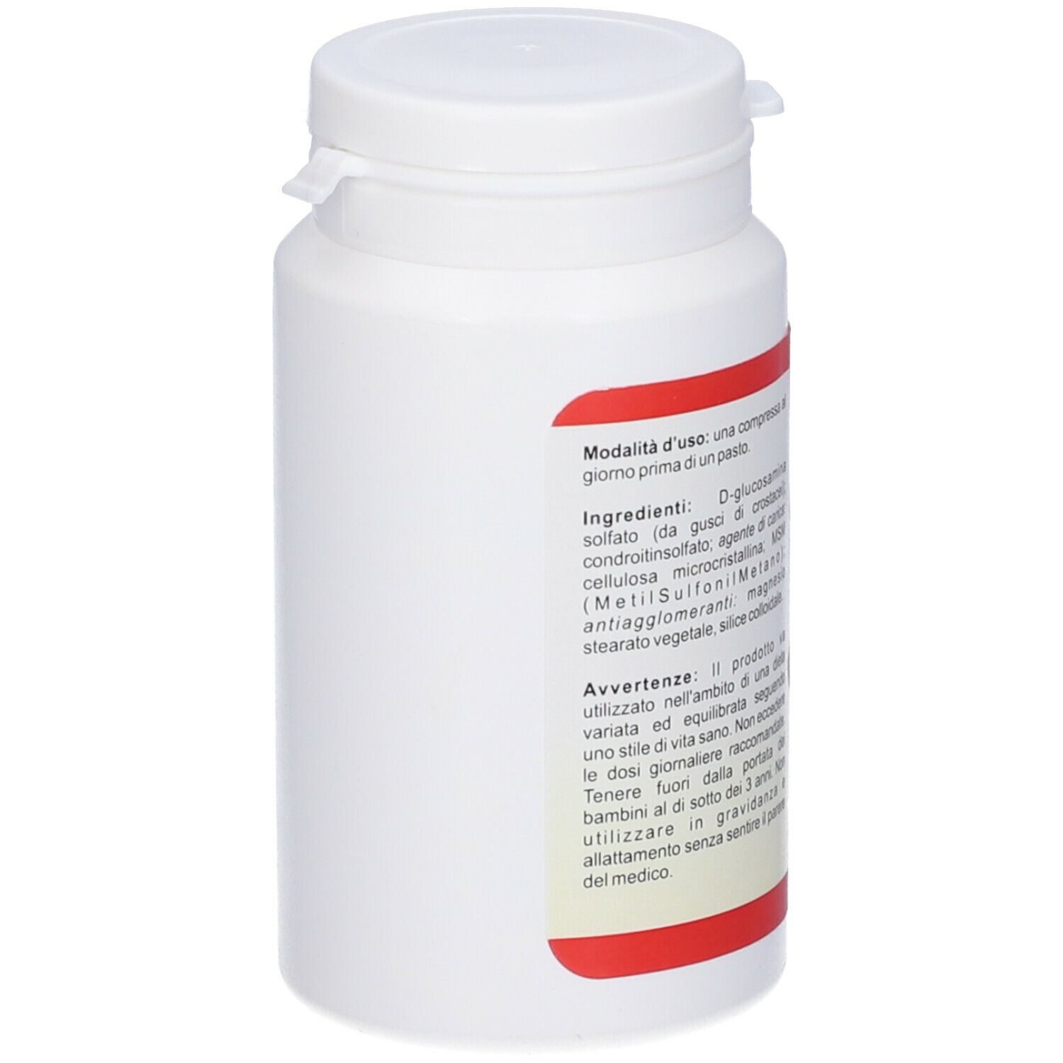 Flacone di compresse bianco con coperchio bianco. Etichetta rossa con ingredienti e istruzioni per l'uso.