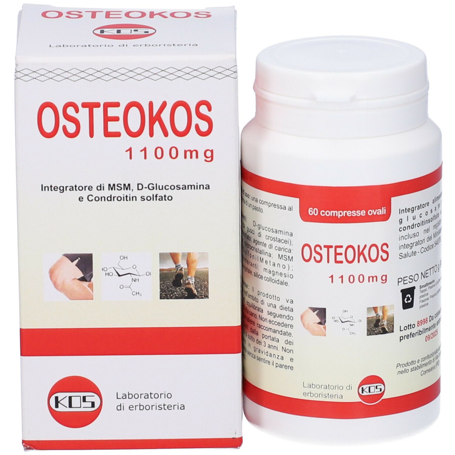 Flacone di compresse bianco e scatola. Scritto: Osteokos 1100mg, 60 compresse ovali. Etichetta rossa.