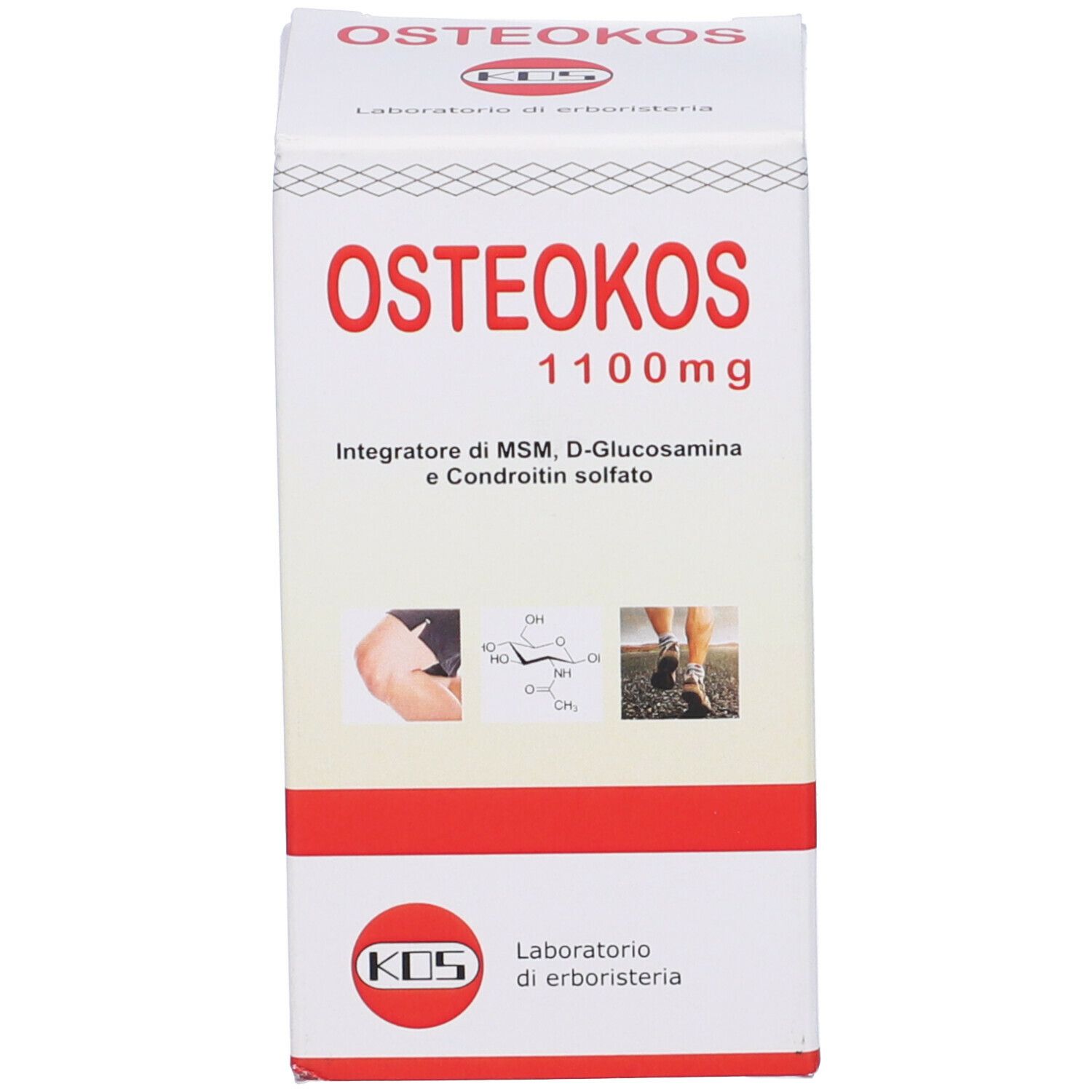 Scatola bianca con testo rosso e nero. Scritto: Osteokos 1100mg. Illustrazione delle articolazioni.