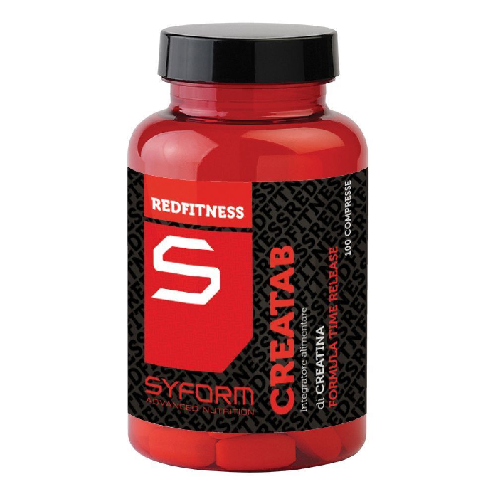 Flacone rosso con tappo nero. Scritta: Creatab, Redfitness, Syform. 100 compresse.