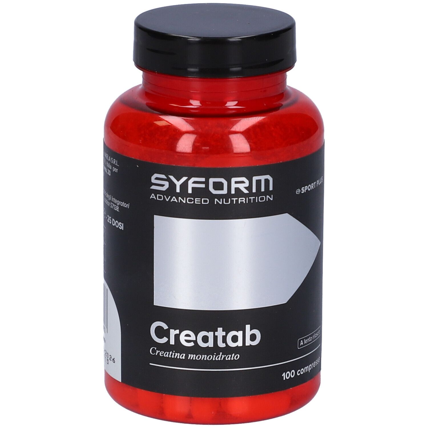 Flacone rosso con tappo nero. Scritta: Syform, Creatab, 100 compresse. Etichetta con campo bianco.
