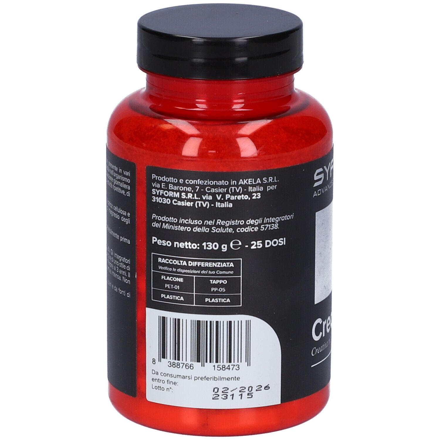 Flacone rosso con tappo nero. Scritta: Syform, Creatab, 100 compresse. Retro con testo e codice a barre.