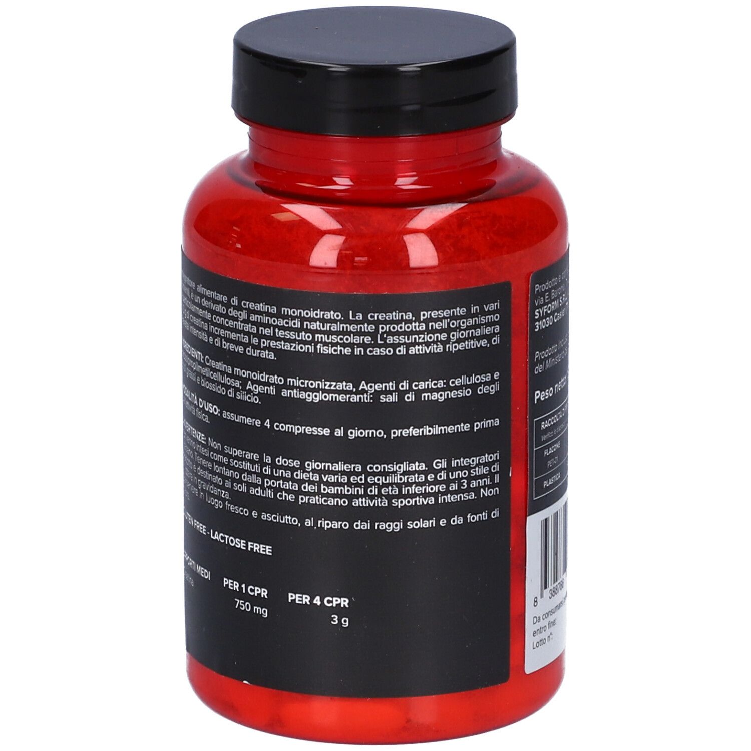 Flacone rosso con tappo nero. Scritta: Syform, Creatab, 100 compresse. Retro con testo.
