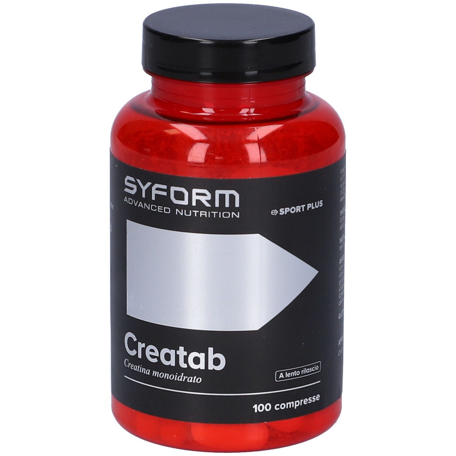 Flacone rosso con tappo nero. Scritta: Syform, Creatab, 100 compresse. Etichetta con campo bianco.