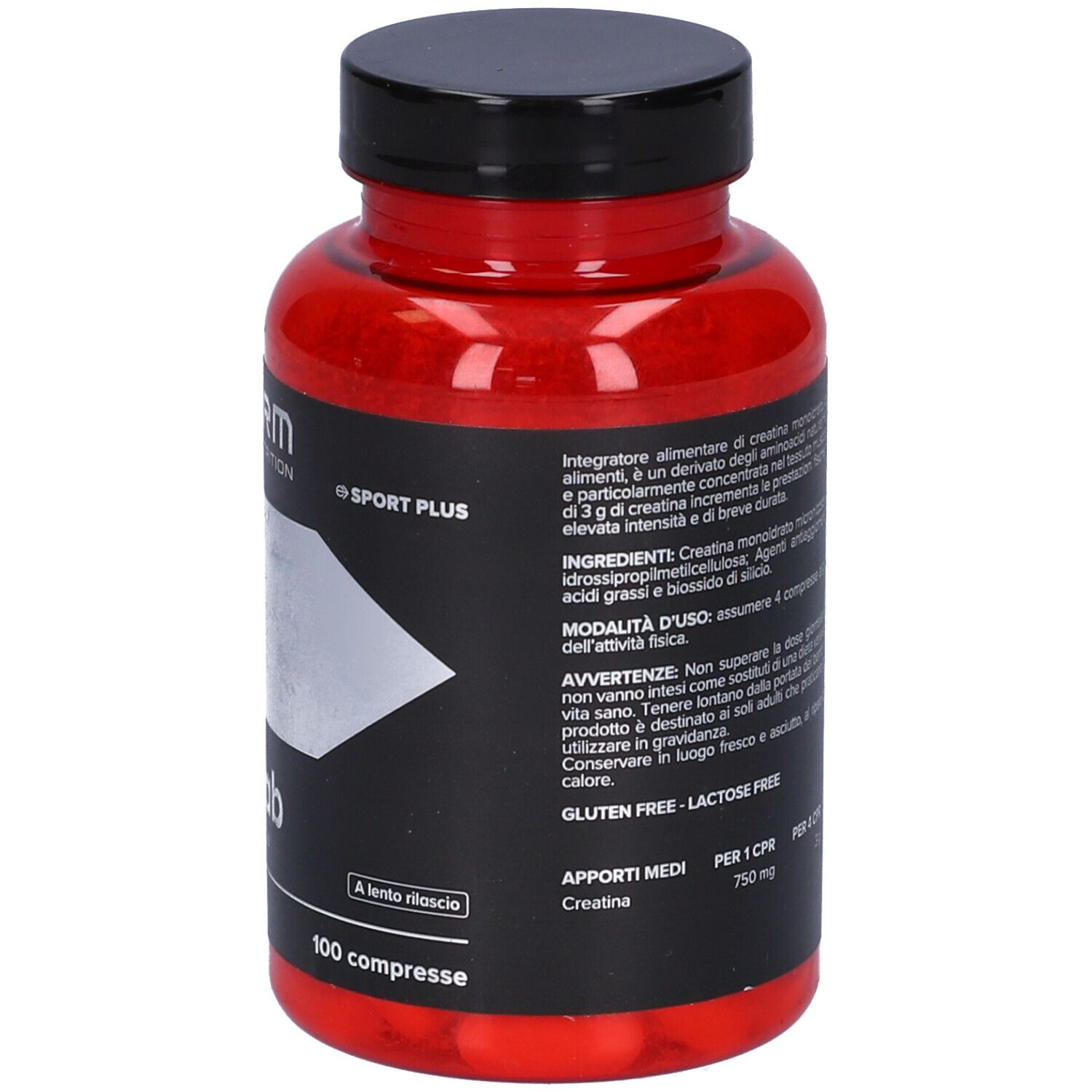Flacone rosso con tappo nero. Scritta: Syform, Creatab, 100 compresse. Retro con testo.