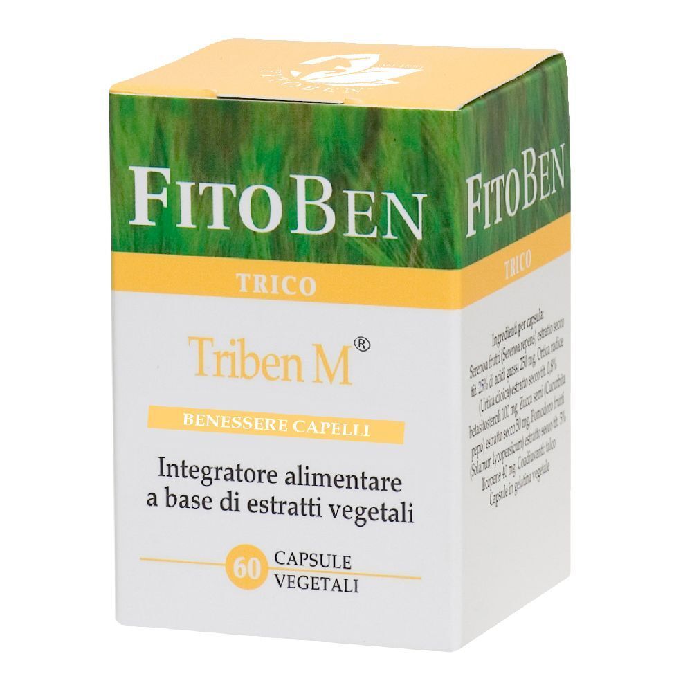 Scatola di capsule "FitoBen Triben M". Scritto: "Integratore alimentare a base di estratti vegetali". 60 capsule.