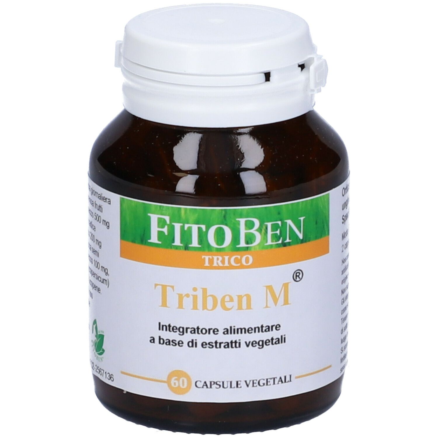 Flacone di vetro marrone con tappo bianco. Scritto: "FitoBen Triben M". 60 capsule. Etichetta con ingredienti.