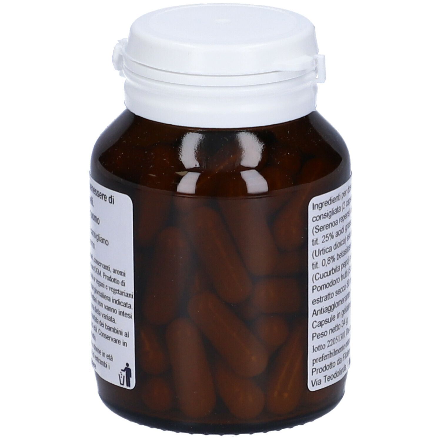 Flacone di vetro marrone con tappo bianco. Capsule visibili. Etichetta con ingredienti e informazioni.