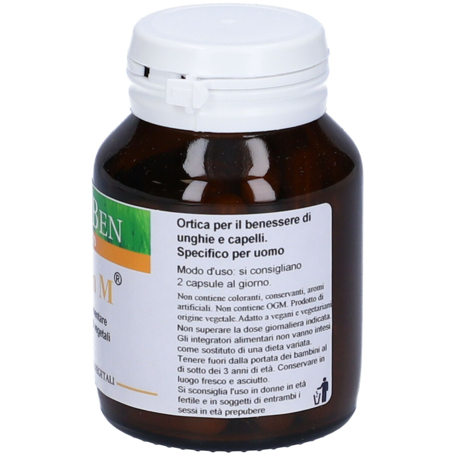Flacone di vetro marrone con tappo bianco. Scritto: "FitoBen Triben M". Etichetta con informazioni. Capsule.