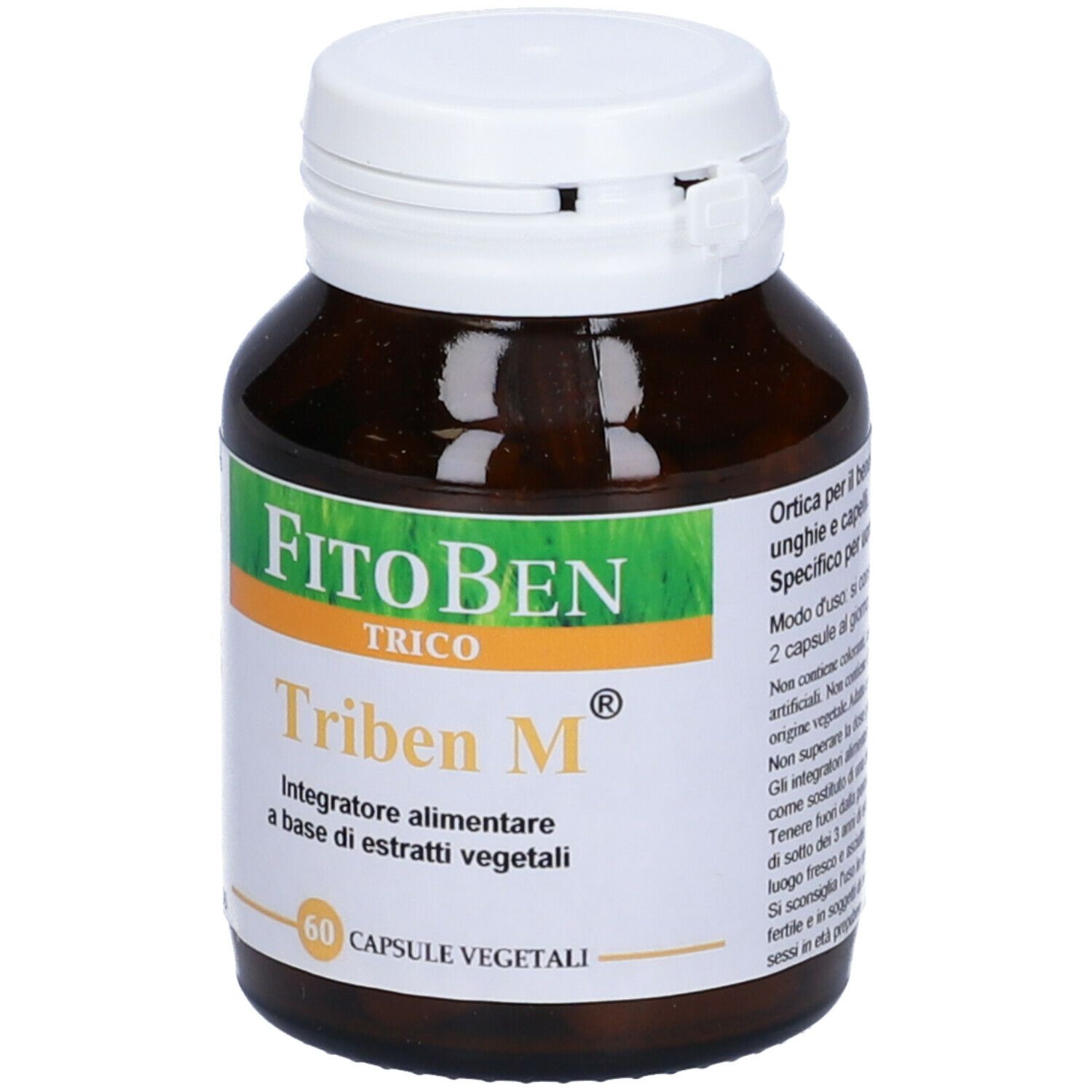Flacone di vetro marrone con tappo bianco. Scritto: "FitoBen Triben M". Etichetta con informazioni. Capsule.