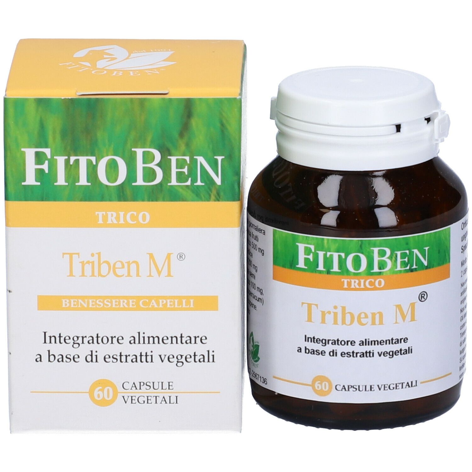 Scatola e flacone. Scatola con "FitoBen Triben M". Flacone con "FitoBen Triben M". 60 capsule.