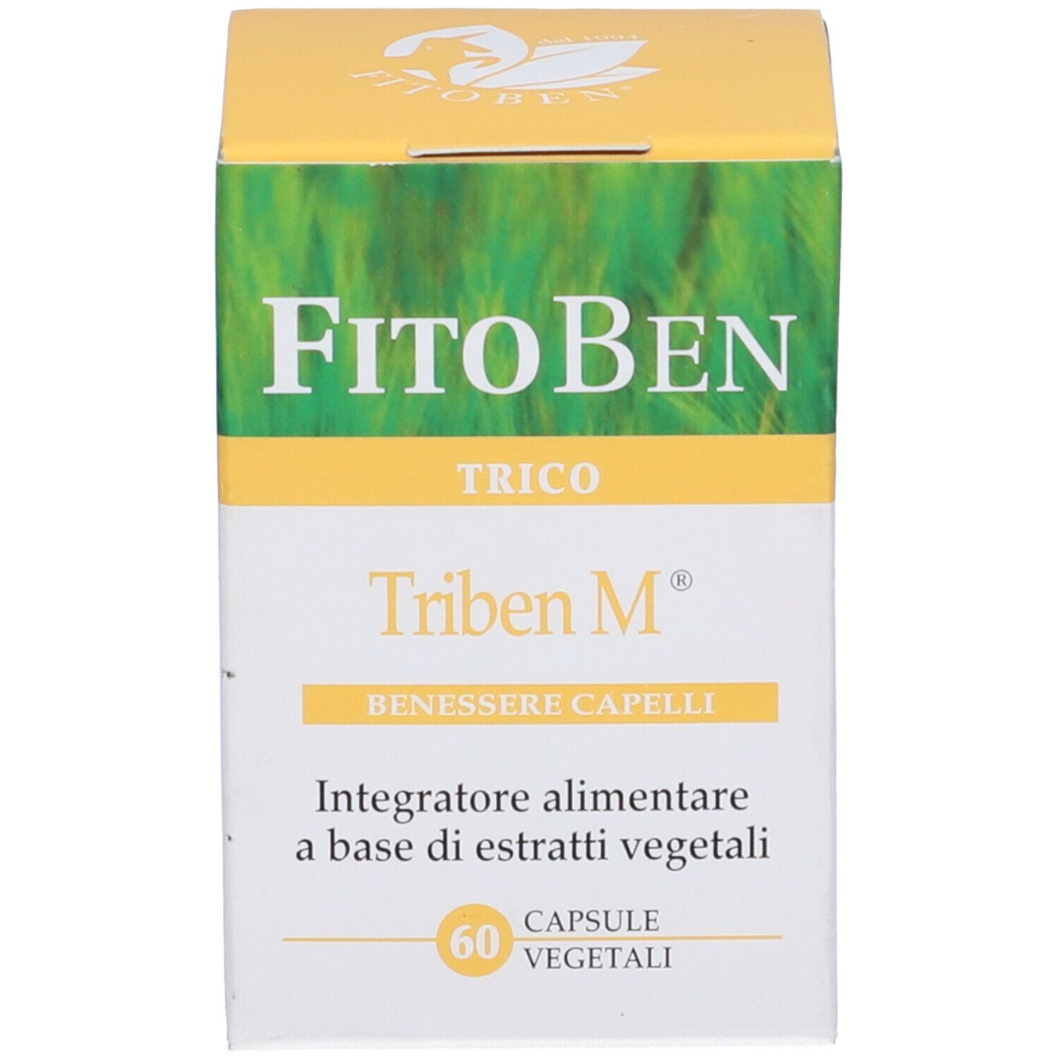 Scatola di capsule "FitoBen Triben M". Scritto: "Integratore alimentare a base di estratti vegetali". 60 capsule.
