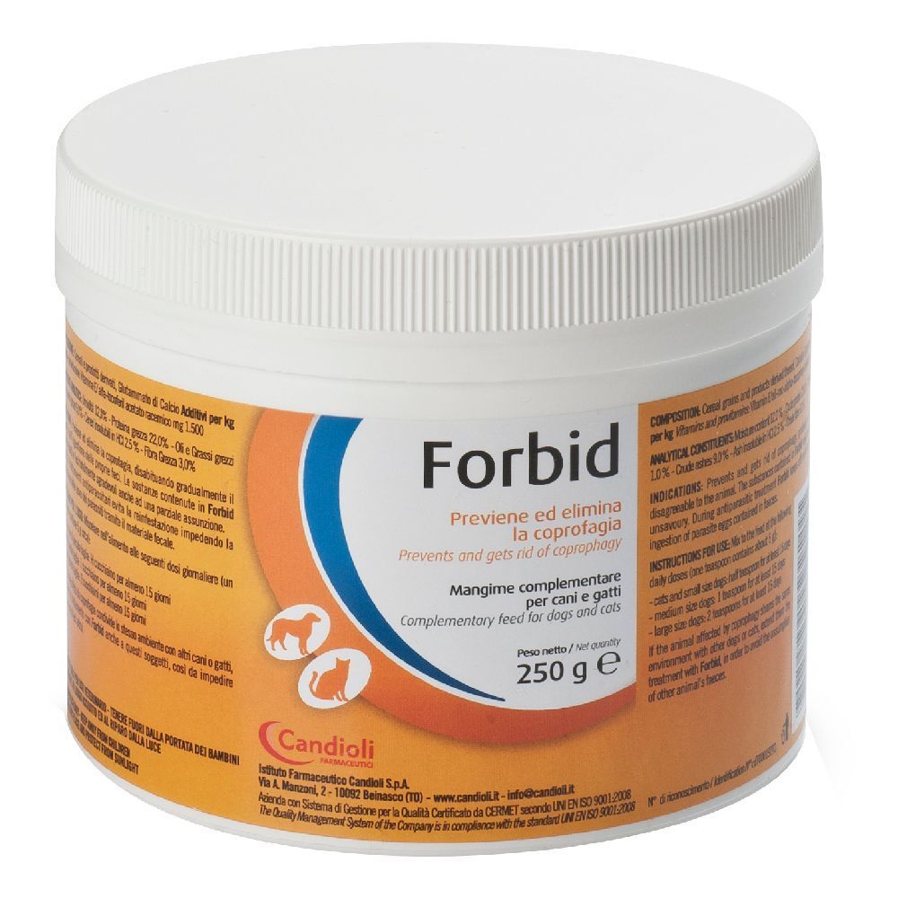 Contenitore bianco con coperchio. Scritta "Forbid" e informazioni prodotto. 250 g. Per cani e gatti.