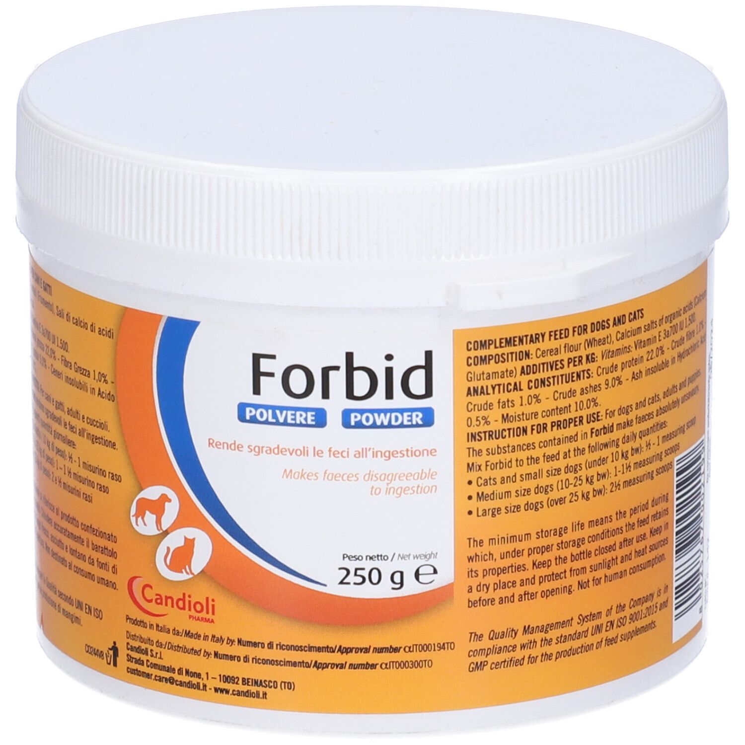 Contenitore bianco con coperchio. Scritta "Forbid Polvere Powder" e informazioni prodotto. 250 g.