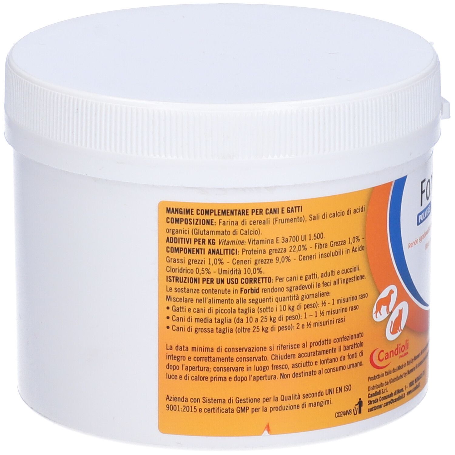 Contenitore bianco con coperchio. Informazioni prodotto su etichetta arancione. Retro del contenitore.